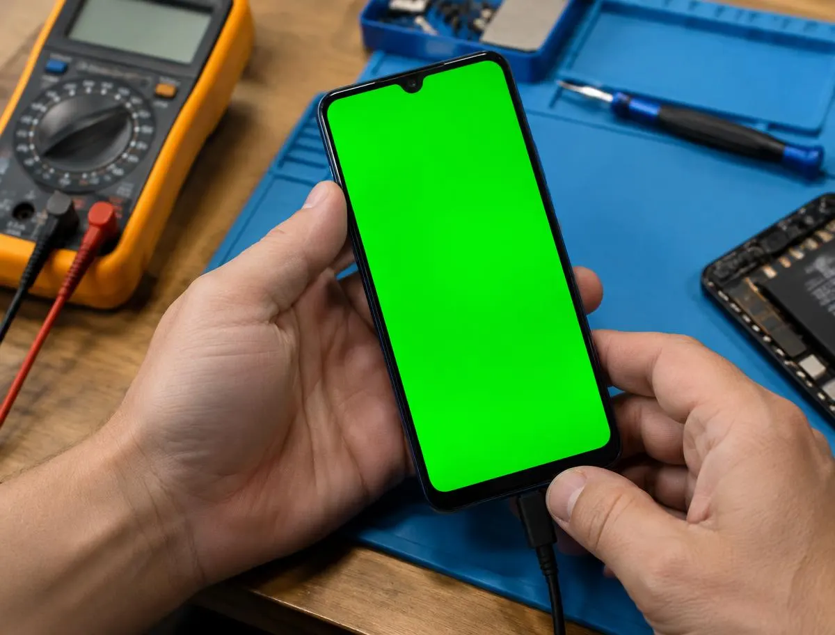 Técnico probando un celular reparado con la pantalla encendida